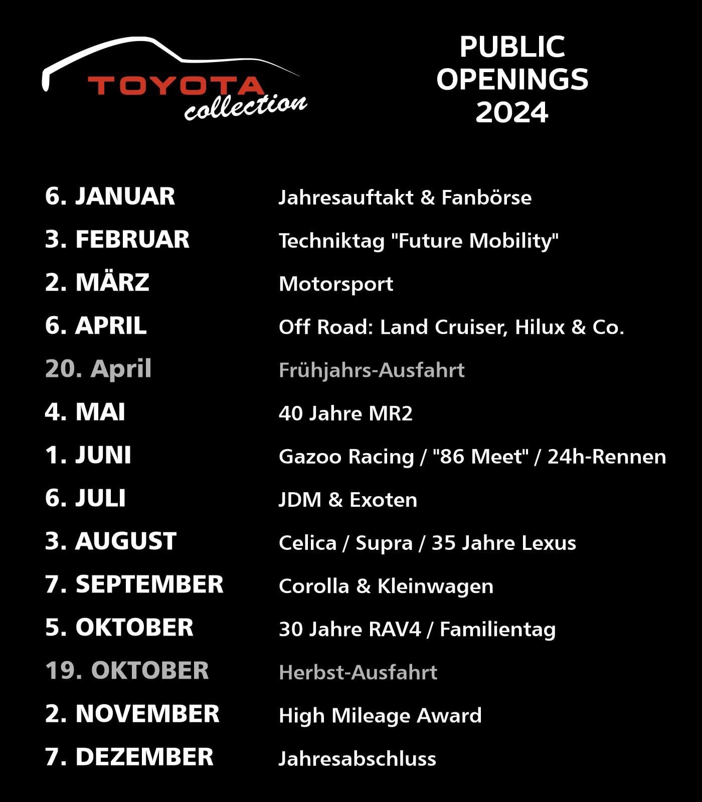 Data openingen zaterdagen Toyota Collection Keulen 